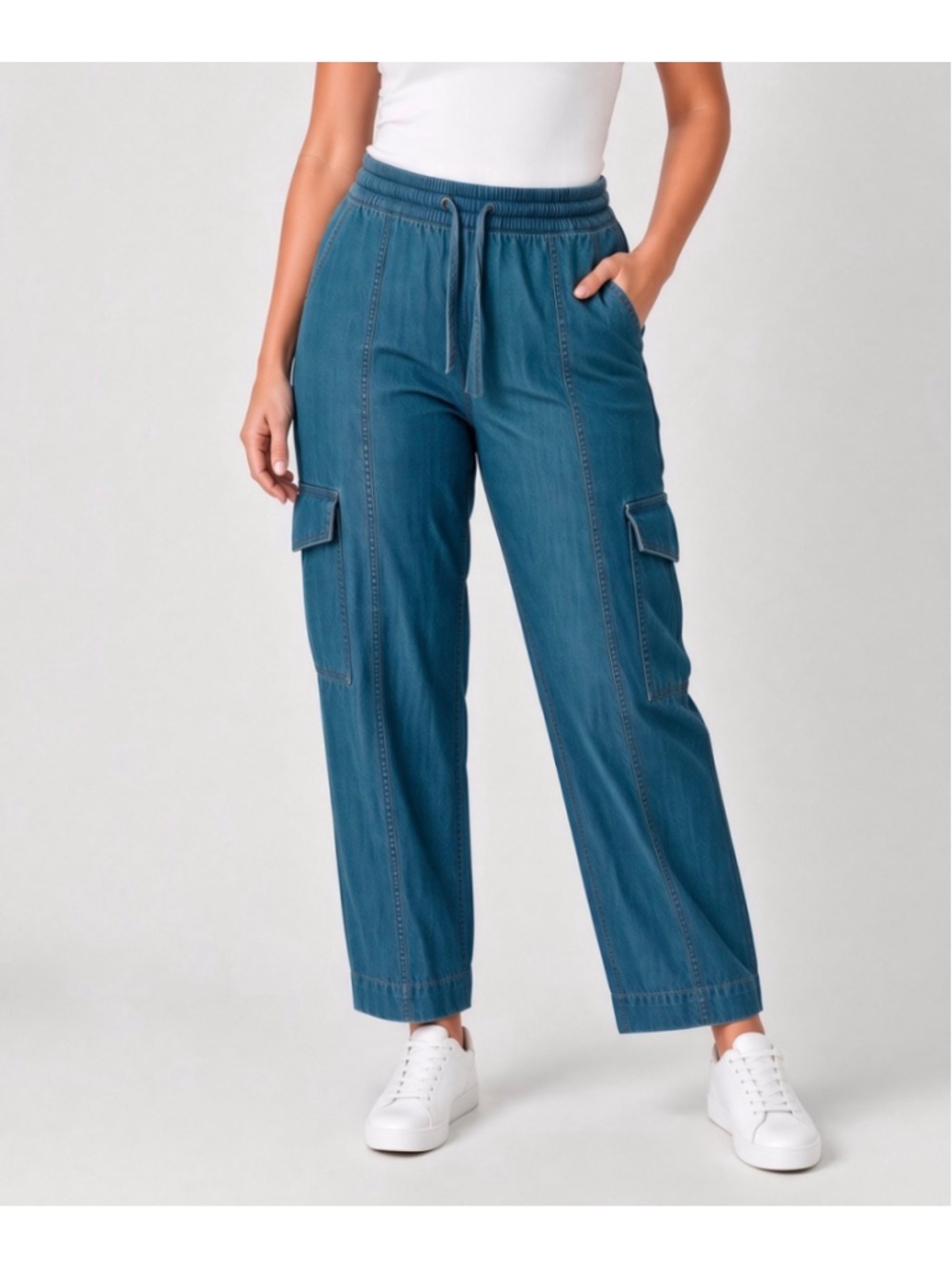 Free Assembly Blue Denim Pull-On Cargo Pants Elastic Drawstring Waist Size L